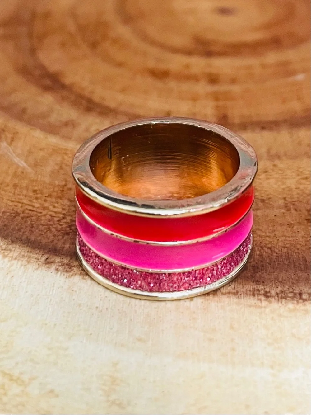 Vintage Triple Stacked Pink Enamel And Glitter Chunky Band Ring